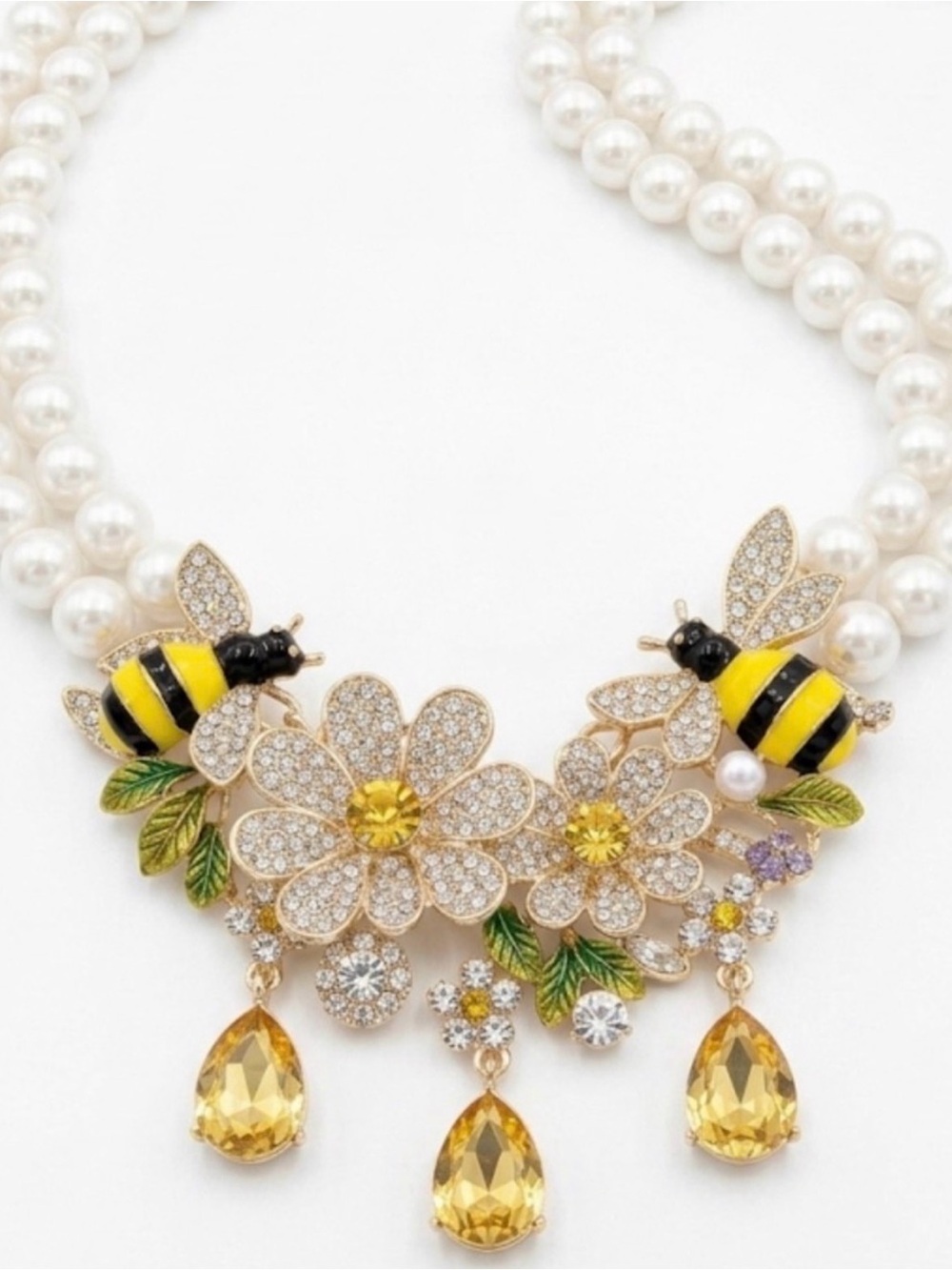 NWT Eye Candy LA Honey Bee Bouquet Crystal Pearl Statement Necklace Floral neck